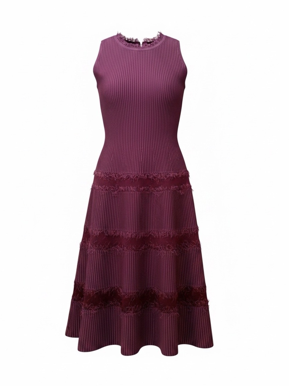 NEW Milly Sleeveless Ribbed Fringe Trim Dress in Plum